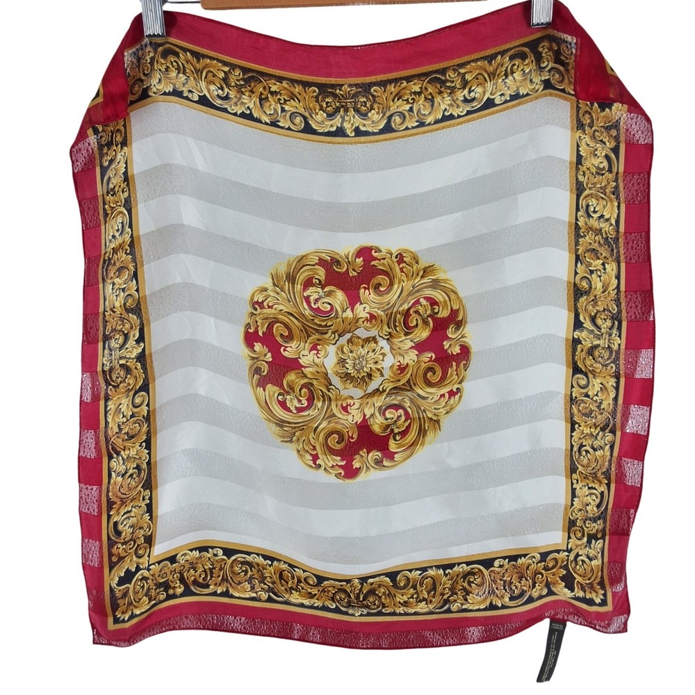 Echo Silk Scarf Red Gold Baroque Scroll Medallion Striped Square Neckerchief